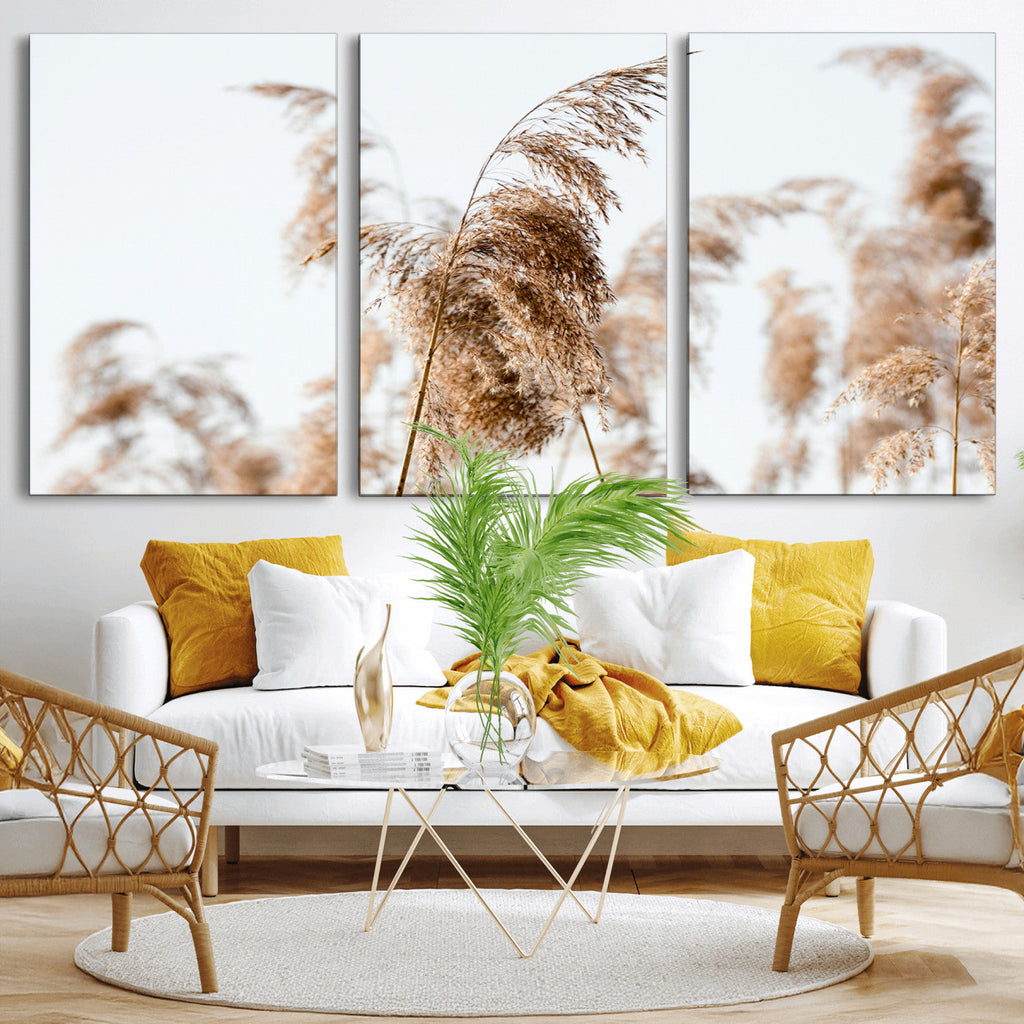 Pampas Grass Wall Art Canvas Print, Framed Neutral Tones Minimalist Boho