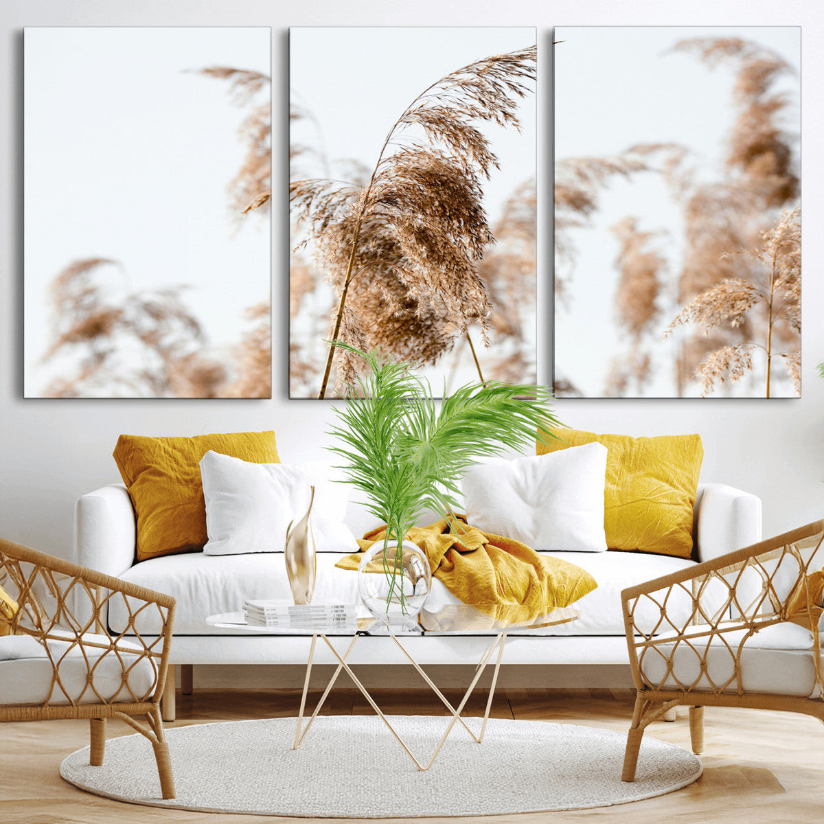 Pampas Grass Wall Art Canvas Print, Framed Neutral Tones Minimalist Boho
