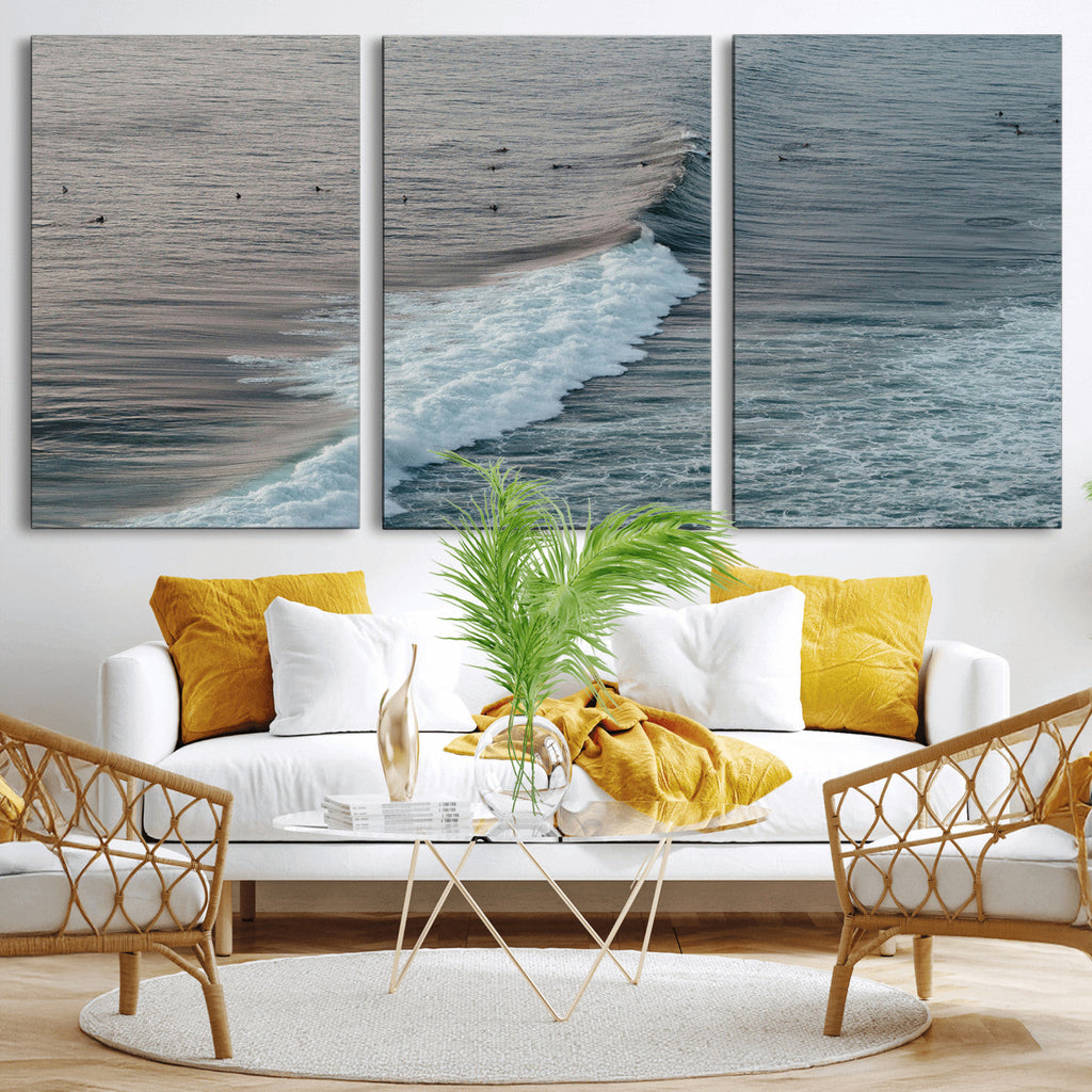 Ocean Waves Wall Art Canvas Print, Framed Coastal Serenity Surf Scene