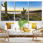 Saguaro Cactus Wall Art Canvas Print, Framed Desert Sunset Southwestern