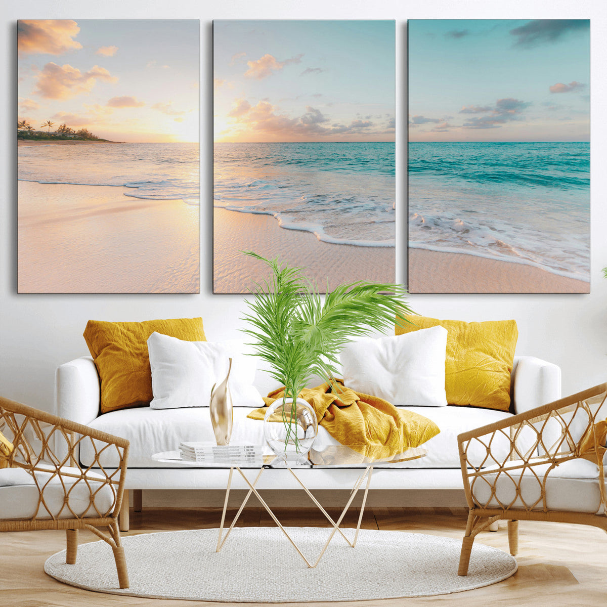 Beach Sunset Wall Art Canvas Print, Framed Ocean Waves Summer Escape