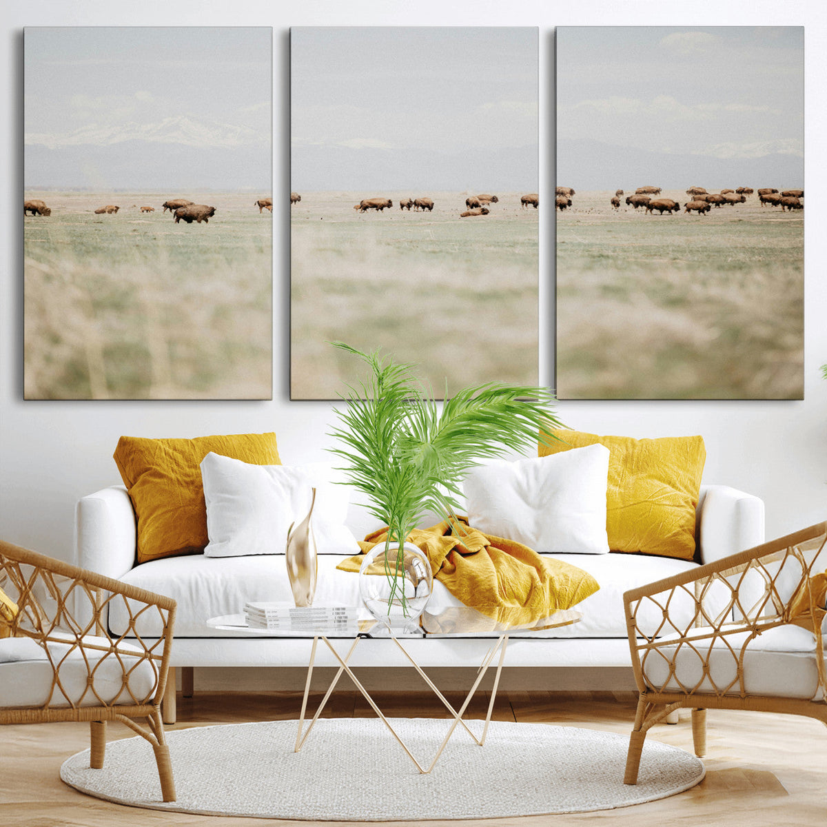 Bison Herd Wall Art Canvas Print, Framed Western Ranch Nature Scene