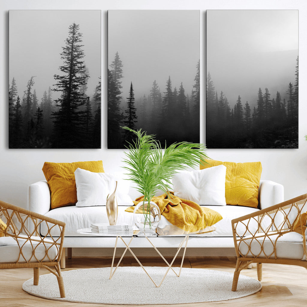 Misty Pines Wall Art Canvas Print, Framed Woodland Minimalist Black and White