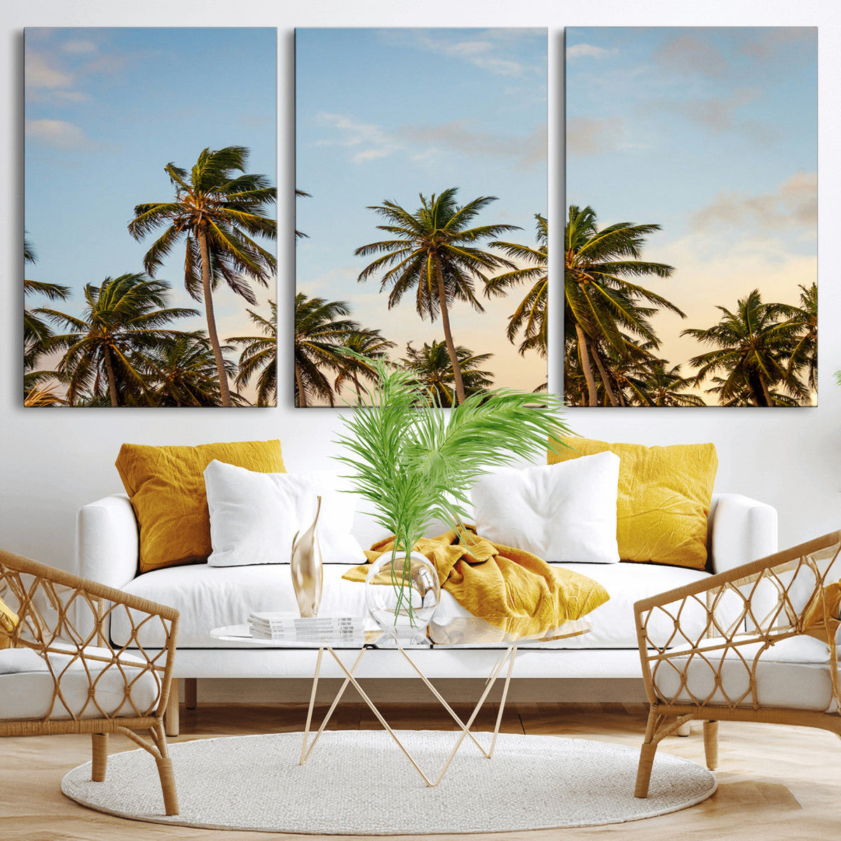 Palm Trees Wall Art Canvas Print, Framed Tropical Vibes Coastal Sunset