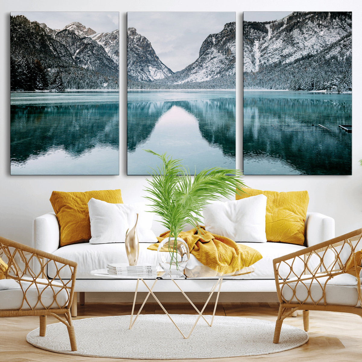Mountain Lake Wall Art Canvas Print, Framed Toblacher See Winter Wonderland