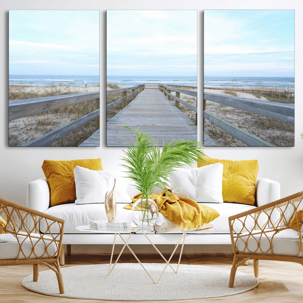 Beach Boardwalk Wall Art Canvas Print, Framed Coastal Serenity Ocean View
