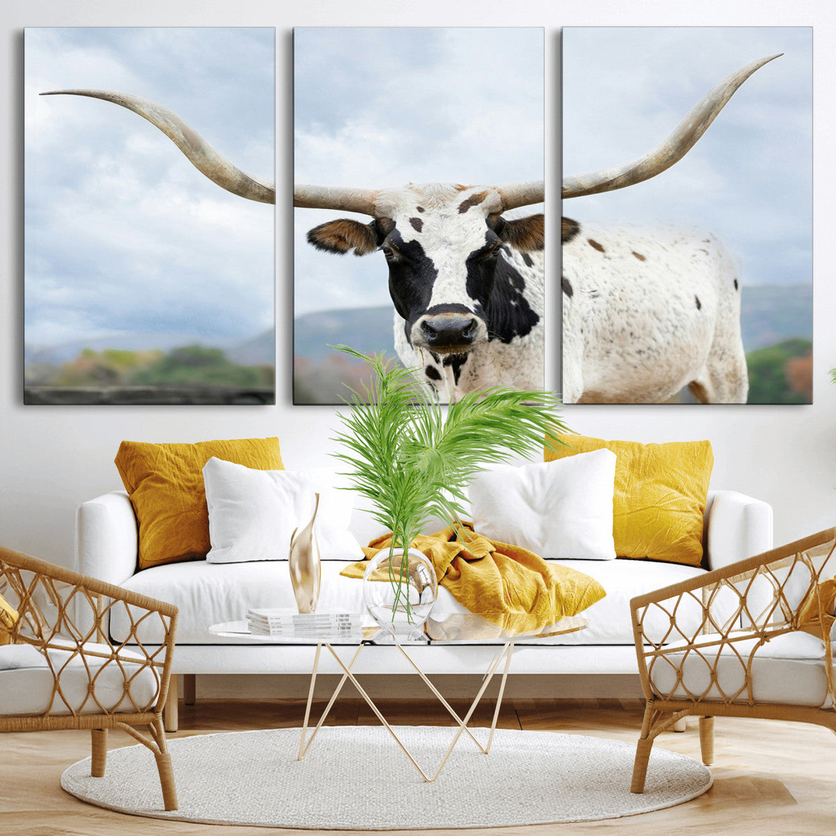 Texas Longhorn Wall Art Canvas Print, Framed Western Rustic Farmhouse