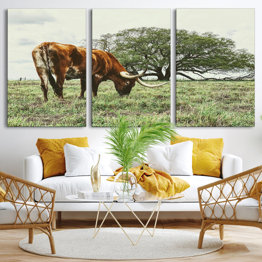 Texas Longhorn Wall Art Canvas Print, Rustic Western Ranch
