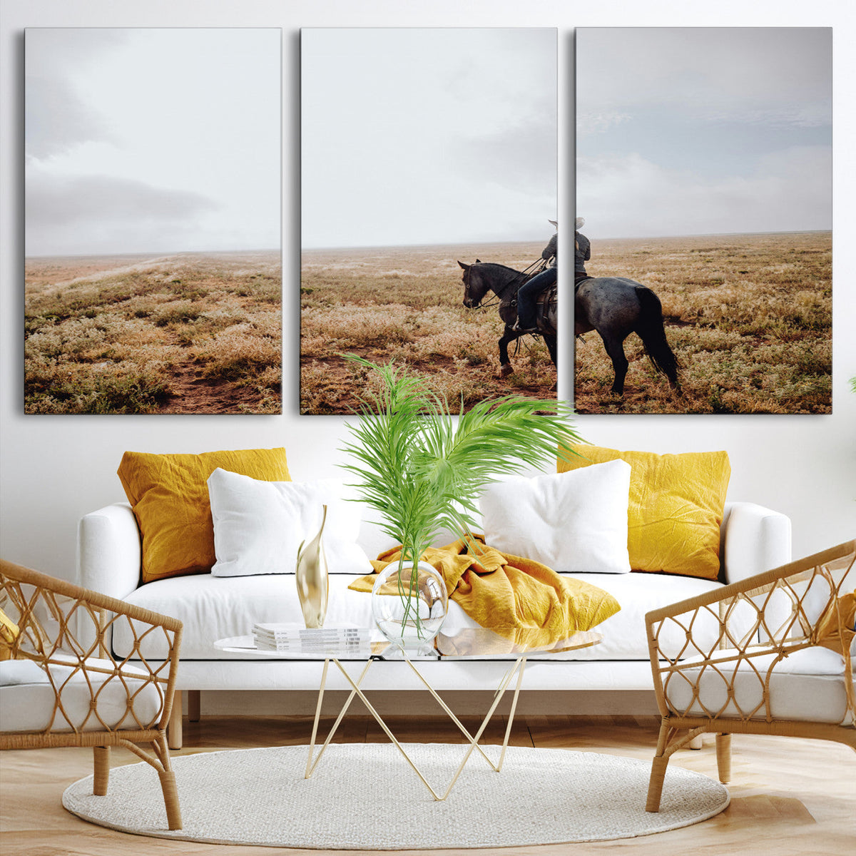 Cowboy Wall Art Canvas Print, Framed Western Rustic Ranch Scene