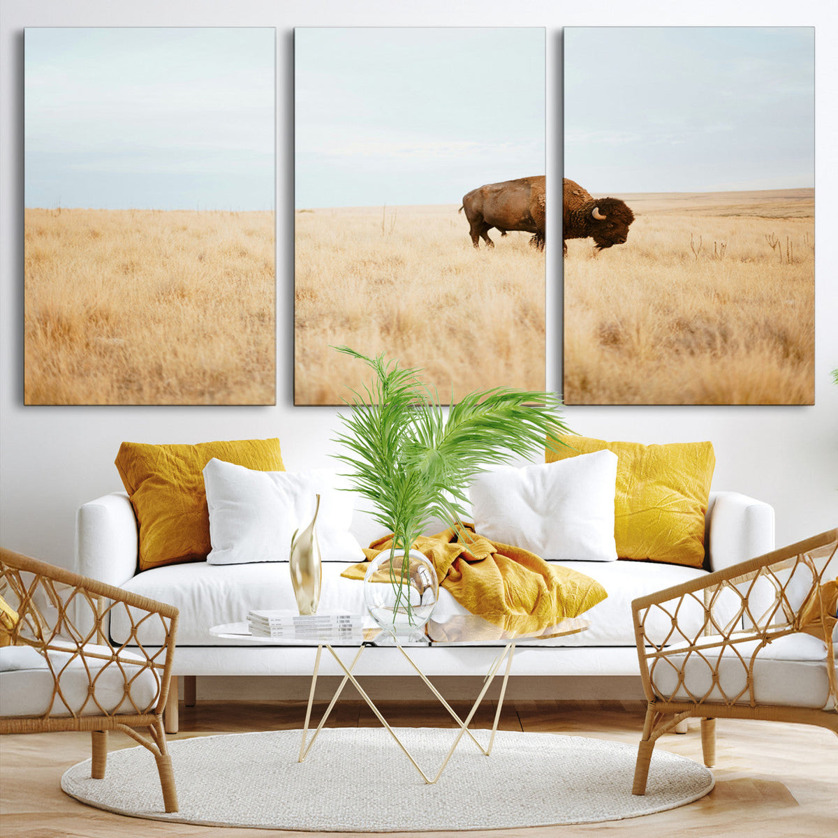 Buffalo Wall Art Canvas Print, Framed Western Wildlife Rustic Prairie Scene