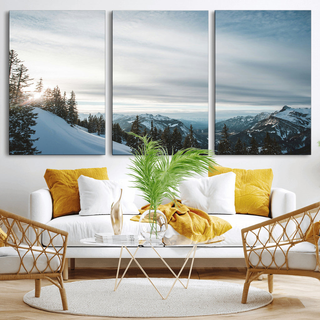 Snowy Mountains Wall Art Canvas Print, Framed Alpine Landscape Frosty Peaks Artwork