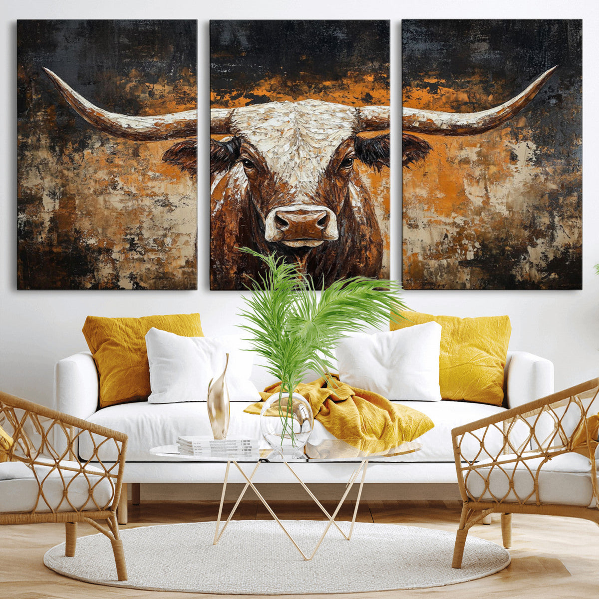 Abstract Longhorn Bull Wall Art Canvas Print, Vintage Western Texas Steer Artwork