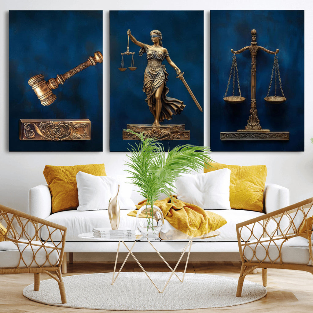 Lady Justice Wall Art Canvas Print, Elegant Gold Legal Symbols on Blue, Law Office Decor