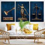 Lady Justice Wall Art Canvas Print, Elegant Gold Legal Symbols on Blue, Law Office Decor