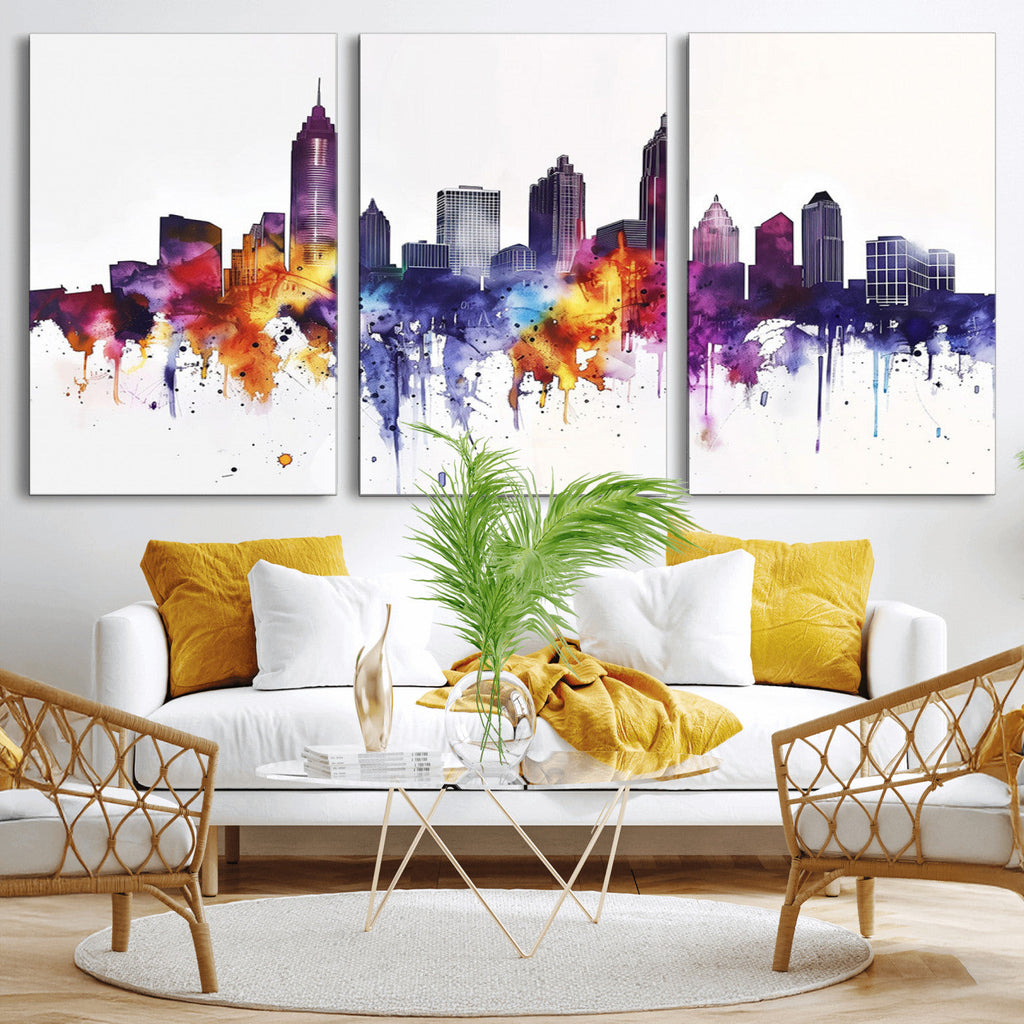 Atlanta Skyline Wall Art Canvas Print, Framed Colorful Watercolor Cityscape
