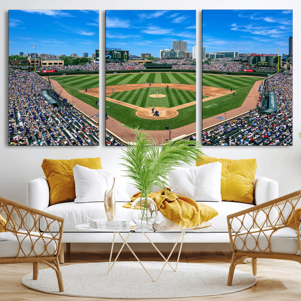 Wrigley Field Baseball Stadium Canvas Wall Art, Packed Crowd and Chicago Skyline