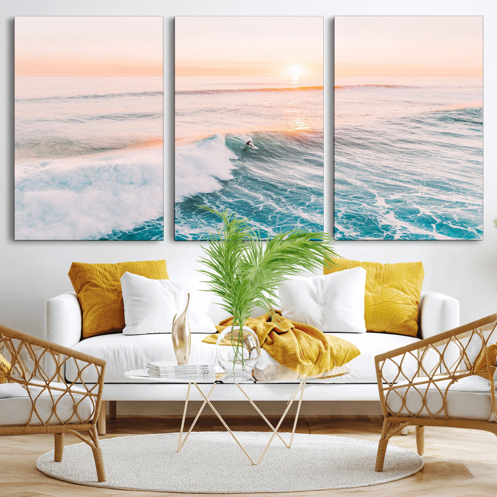 Sunset Surfing Wall Art Canvas Print, Ocean Wave Surfer with Golden Sky