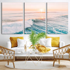 Sunset Surfing Wall Art Canvas Print, Ocean Wave Surfer with Golden Sky