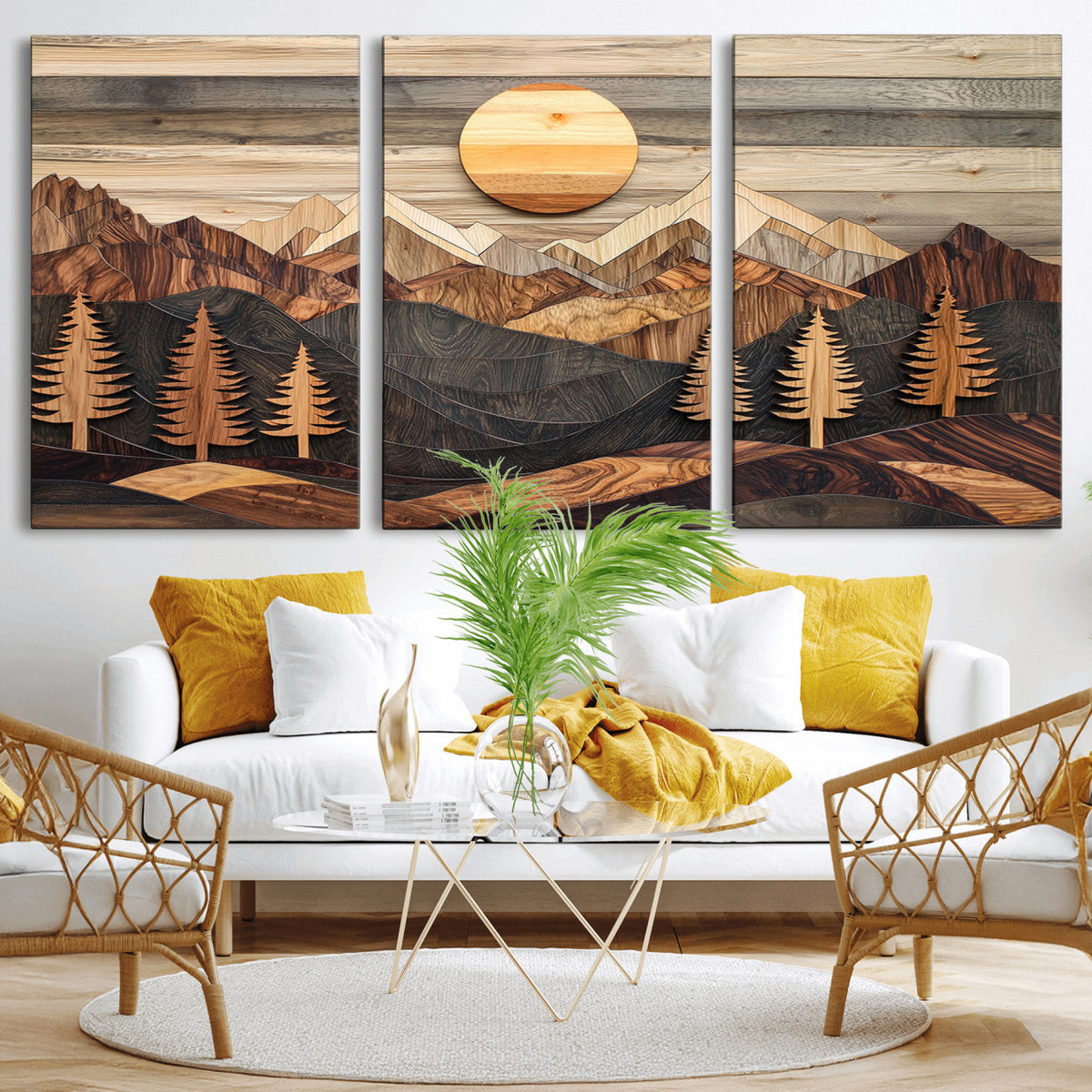 Wooden Mountain Layers Art | Rustic Pine Tree Landscape