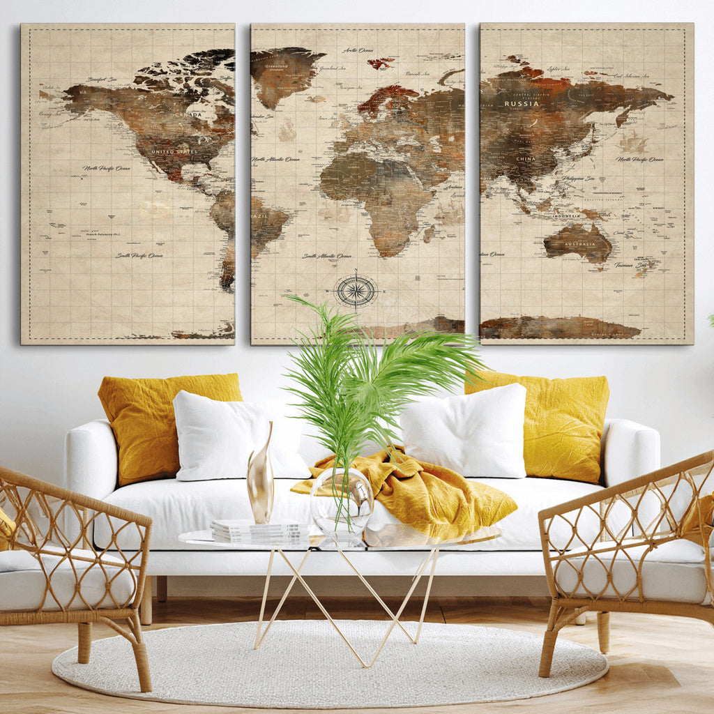 Vintage World Map Wall Art Canvas Print for Living Room, Office and Study