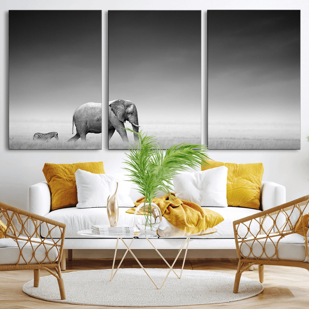 Elephant and Zebra Wall Art Canvas Print, Modern Artwork