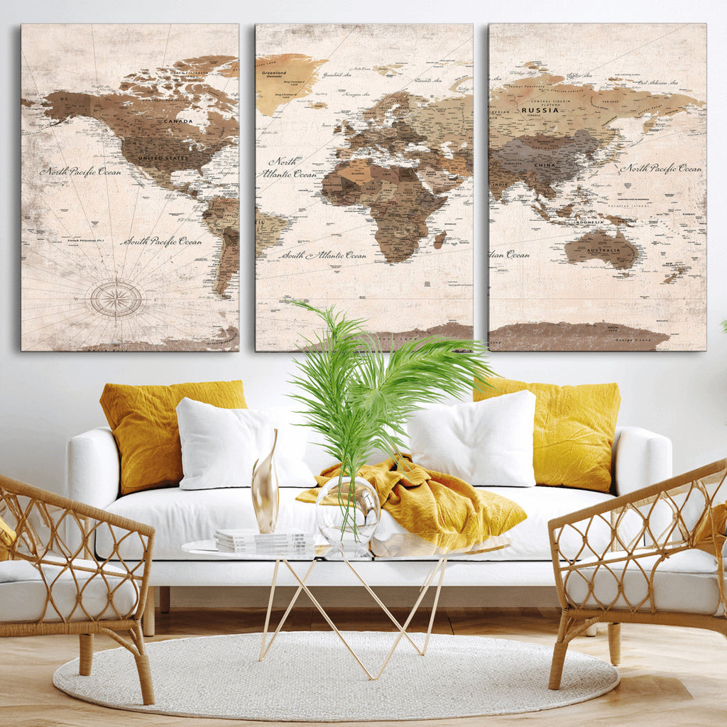Modern World Map Canvas Print | Framed Travel Map Wall Art