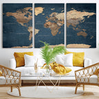 Navy Blue World Map Canvas Print | Framed Travel Map Wall Art