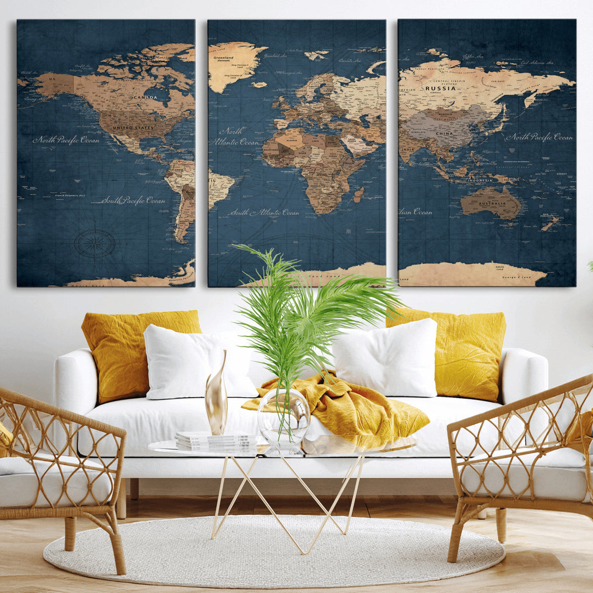 Navy Blue World Map Canvas Print | Framed Travel Map Wall Art