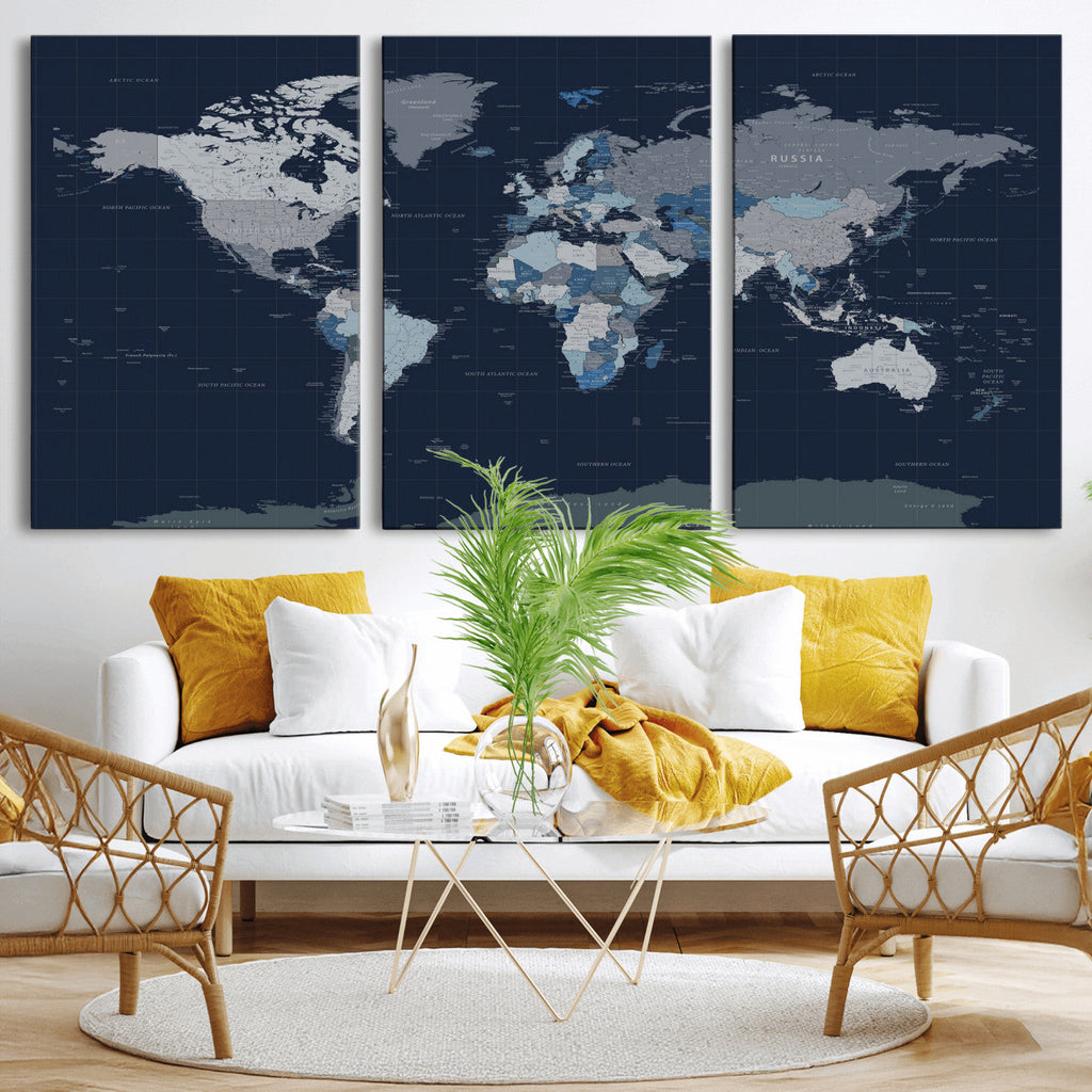 Blue Detailed World Map Wall Art Canvas Print | Modern Framed Map