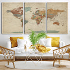 Vintage World Map Canvas Wall Art Print | Framed Modern World Map