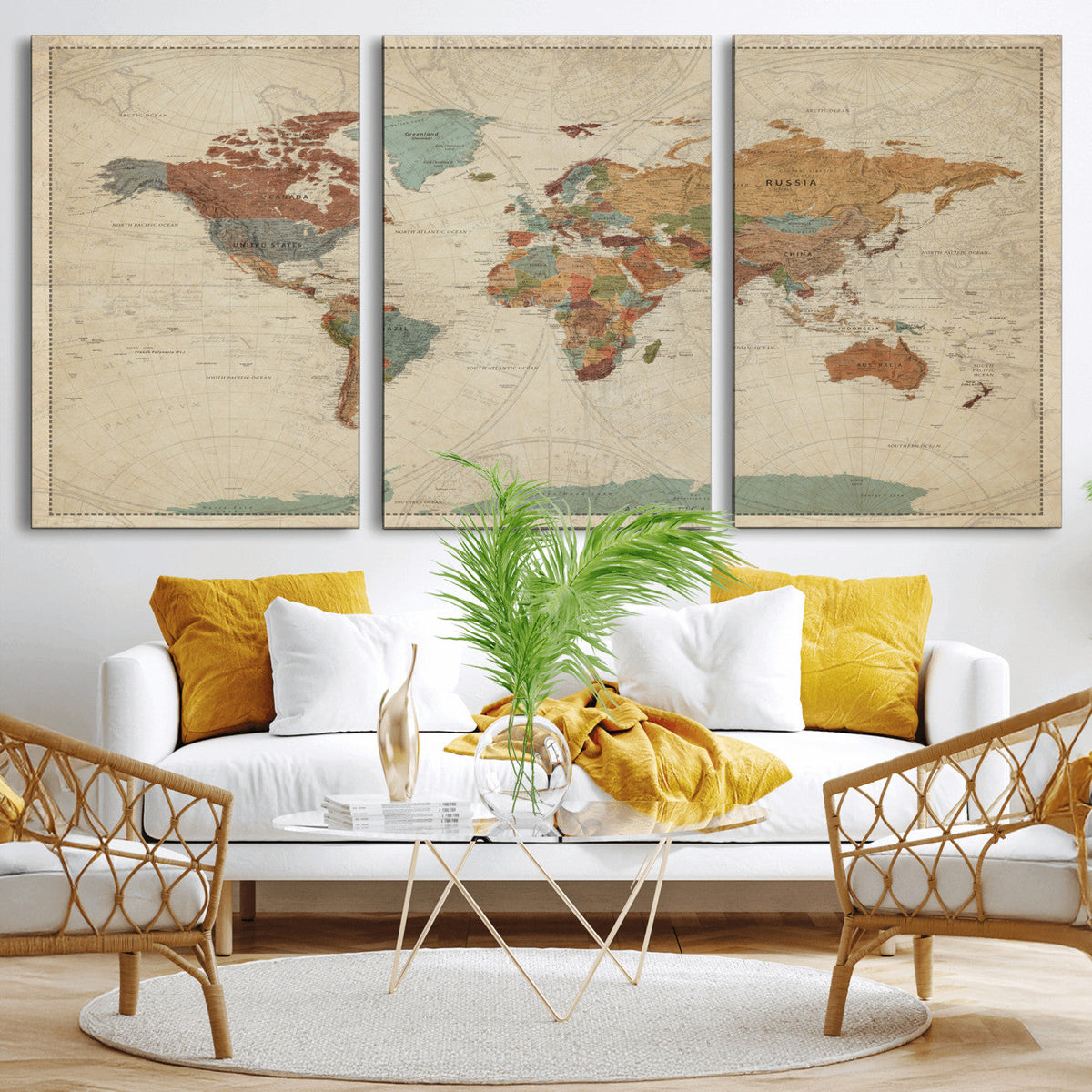 Vintage World Map Canvas Wall Art Print | Framed Modern World Map