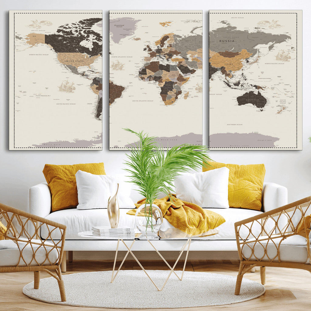 Custom Beige Modern Push Pin World Map Canvas Print, Places Visited Tracker, Bedroom and Study Decor