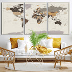 Custom Beige Modern Push Pin World Map Canvas Print, Places Visited Tracker, Bedroom and Study Decor