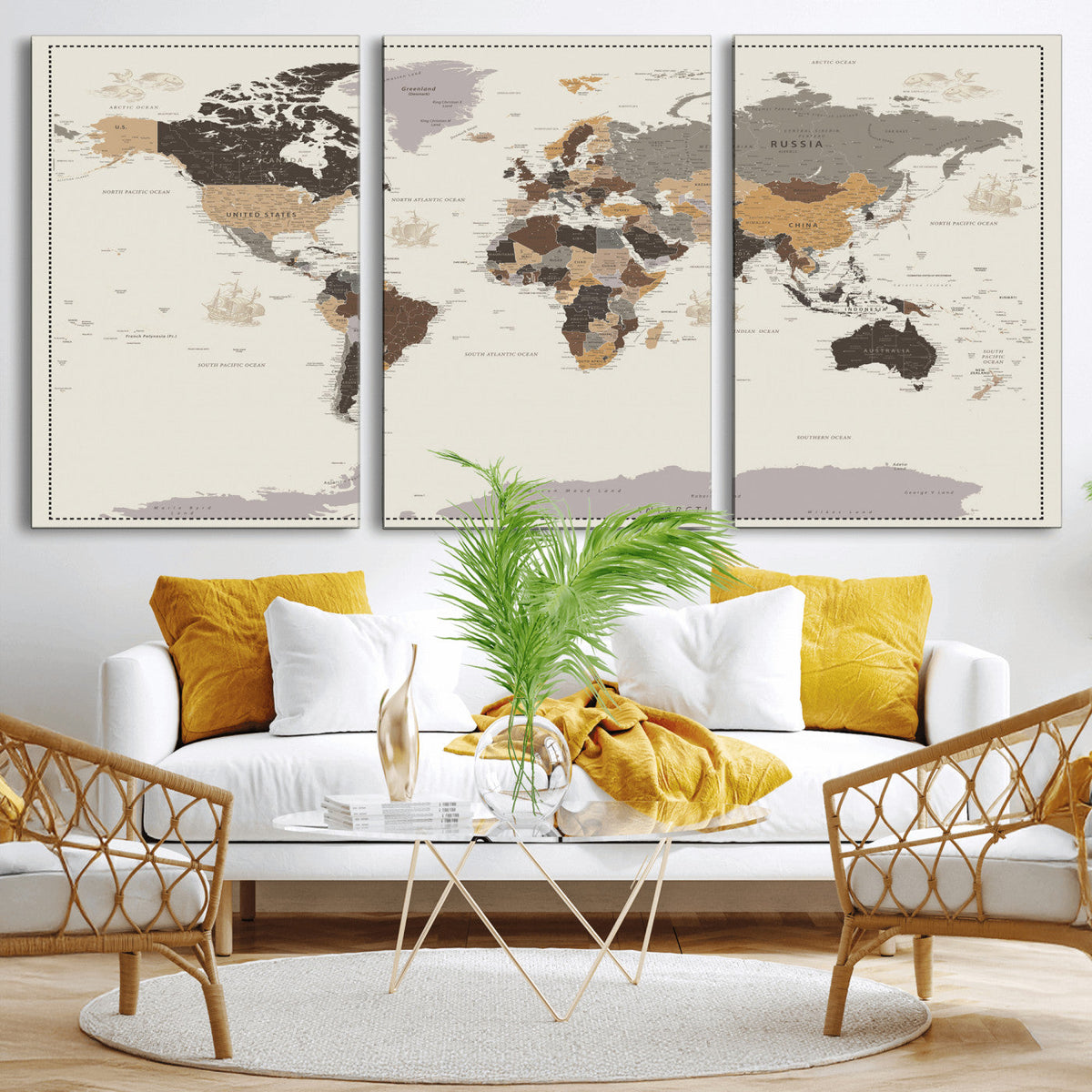 Custom Beige Modern Push Pin World Map Canvas Print, Places Visited Tracker, Bedroom and Study Decor