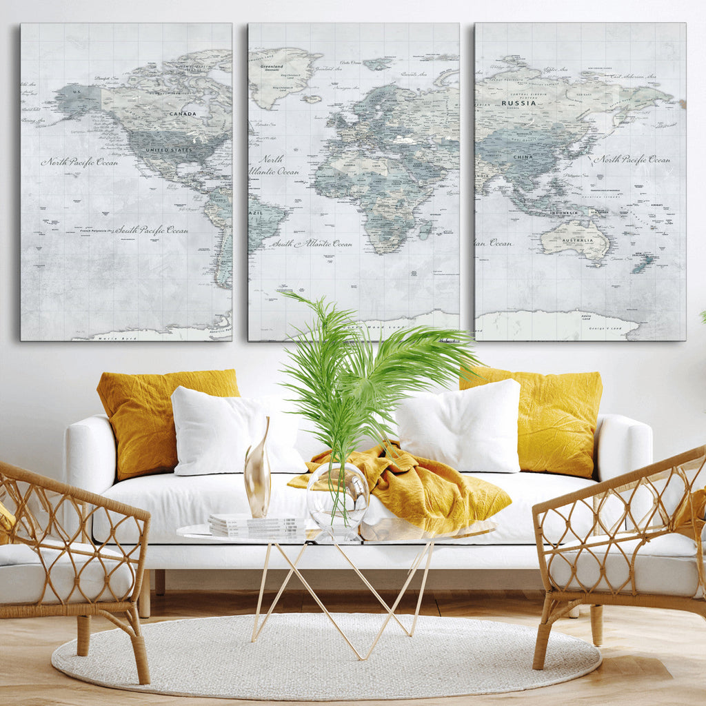 Push Pin World Map Canvas Print - Detailed Vintage World Map