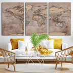 Grunge World Map Canvas Wall Art - Vintage Aged World Map with Golden Tones