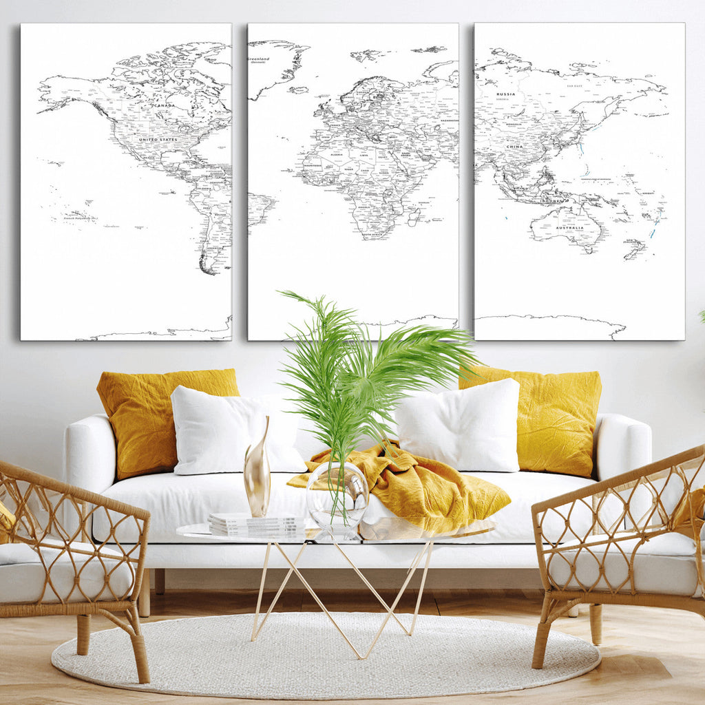 World Map Canvas Print, Framed Modern Detailed Map of the World for Home or Office