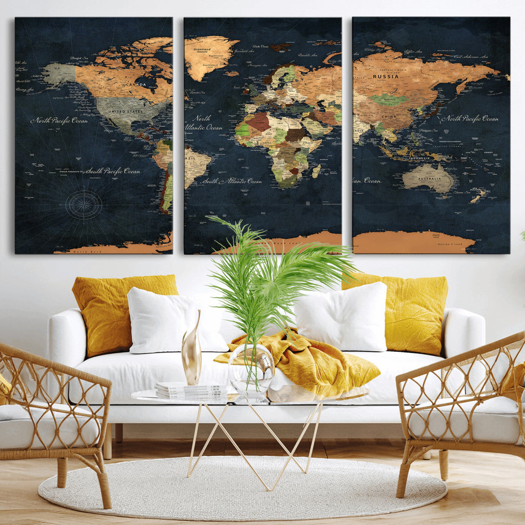 Vintage World Map Canvas Wall Art | Detailed Map with Countries, Oceans and Continents