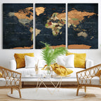 Vintage World Map Canvas Wall Art | Detailed Map with Countries, Oceans and Continents