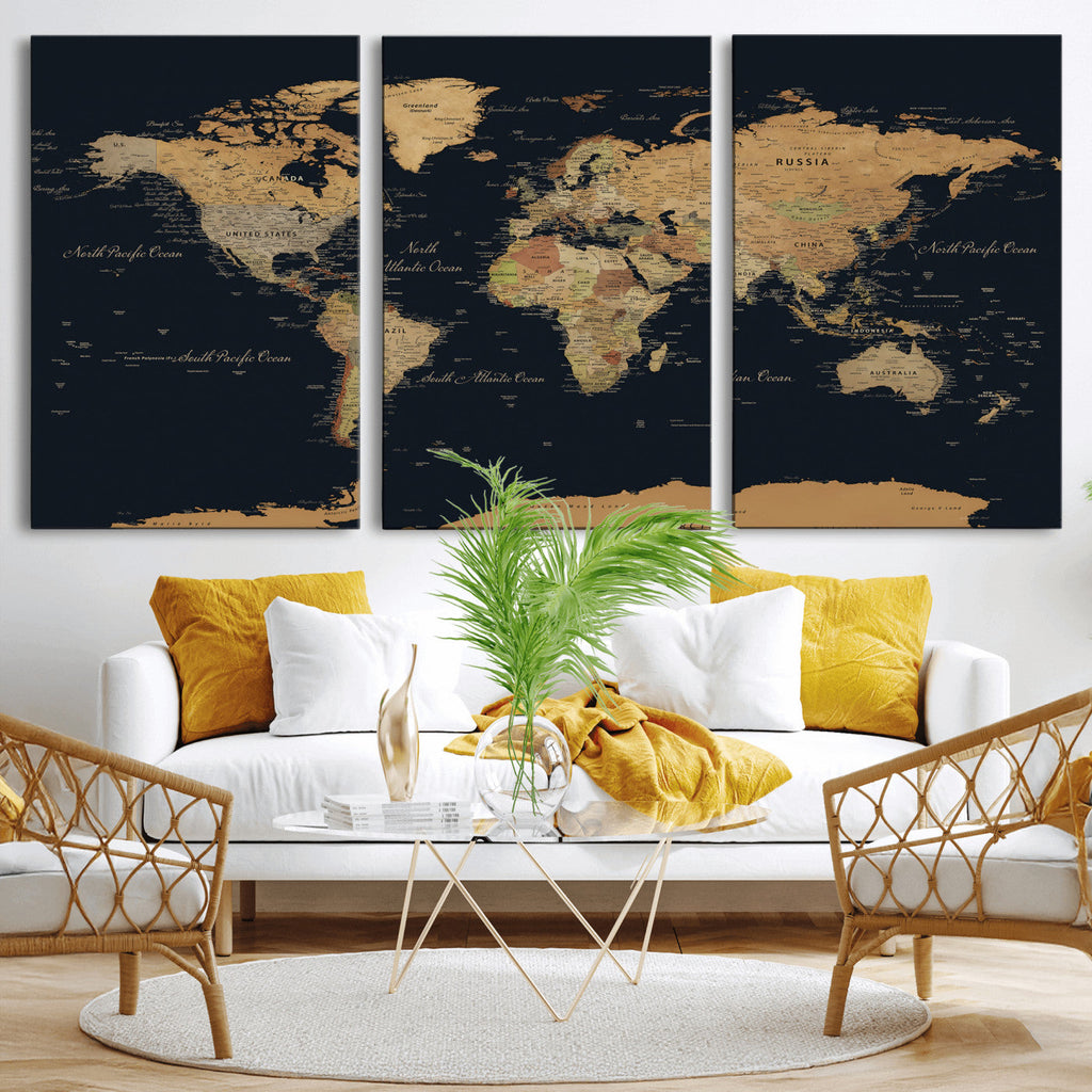 Vintage World Map Earth Globe Countries Oceans Continents