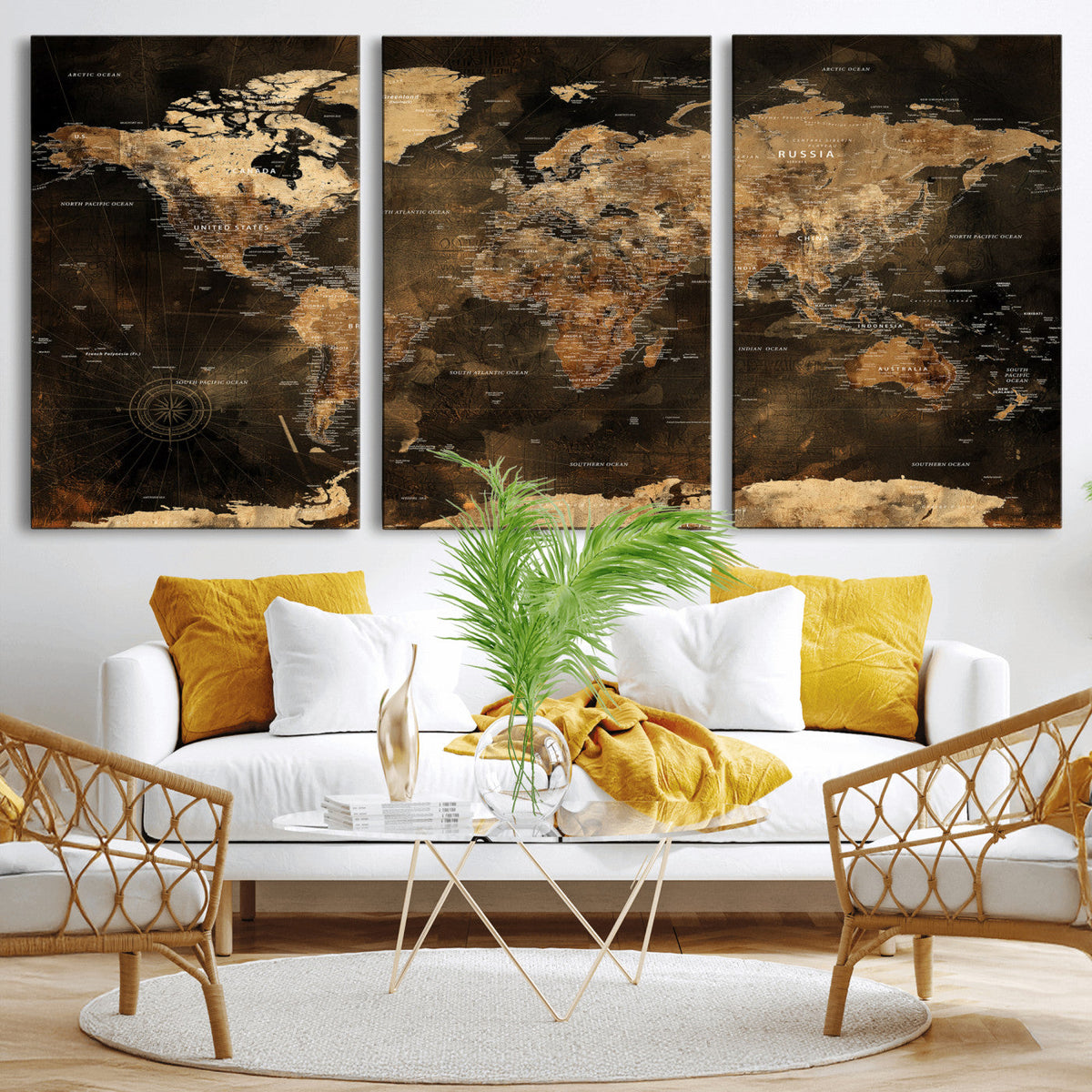 World Map Canvas Print, Modern Decorative Framed Map Artwork