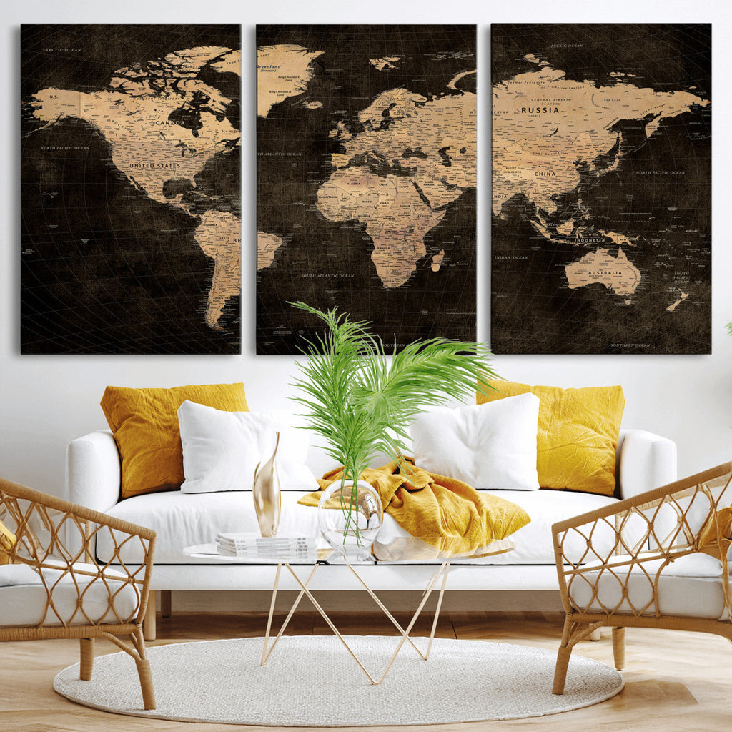 Brown World Map Canvas Print | Modern Travel Map Wall Art