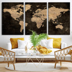Brown World Map Canvas Print | Modern Travel Map Wall Art