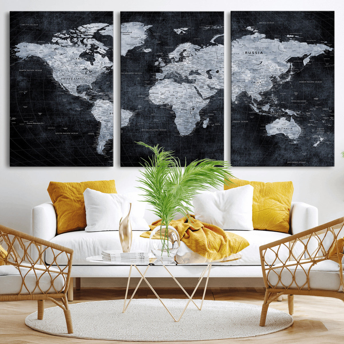 Black World Map Canvas Print | Detailed Map for Couples and Anniversary Gift