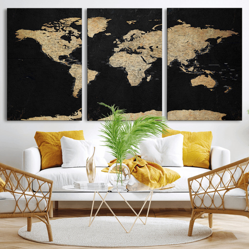 Beige World Map Canvas Wall Art Print, Minimal Black and Beige Map