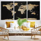 Beige World Map Canvas Wall Art Print, Minimal Black and Beige Map