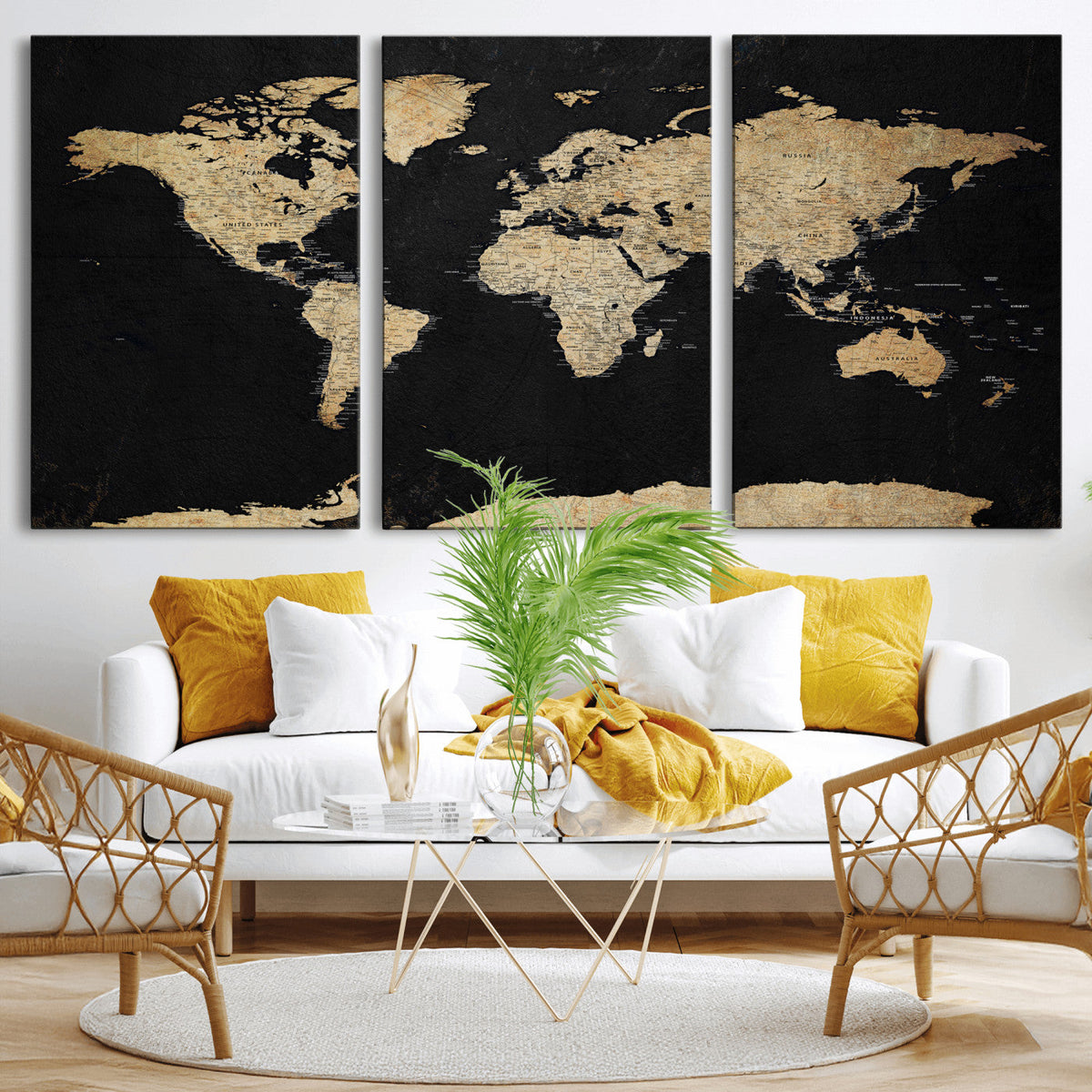 Beige World Map Canvas Wall Art Print, Minimal Black and Beige Map