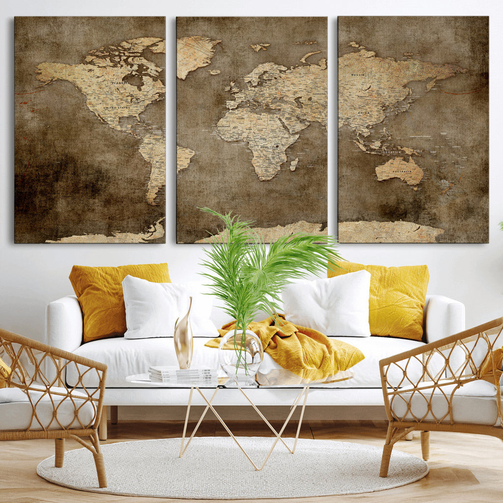 Dark Vintage World Map Canvas Wall Art Print, Antique Map Artwork