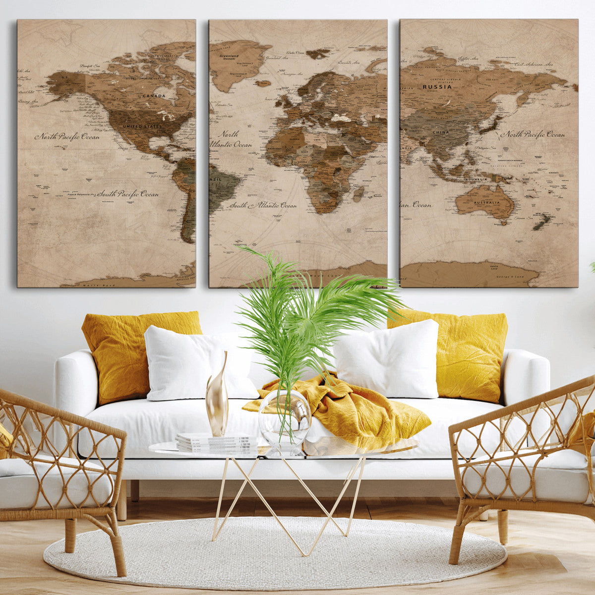 World Map Canvas Wall Art Print, Detailed Global Map Artwork