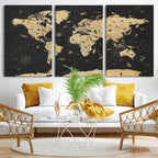 Vintage Blue and Brown World Map Canvas Wall Art | Framed Rustic Map Print